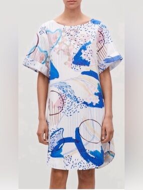 COS White Shift A-Line Dress with Bold Blue & Pink Abstract Print Sz 4 3/4 Sleev